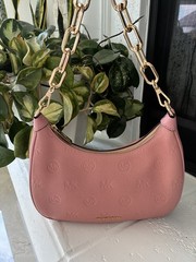 Michael Kors Pink Leather MK Embossed Gold Chain Shoulder Bag