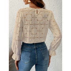CUPSHE Eyelet Long Sleeve Top Hollow Out Crochet Lace Embroidered Blouse BEIGE L