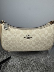 Coach Signature Beige Small Crescent Shoulder Bag Zip Closure Chain Strap