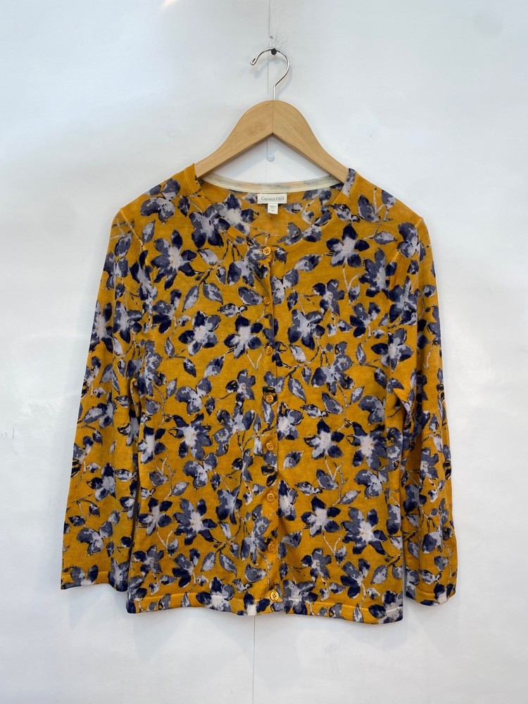Garnet Hill Women’s Signature Eco Merino Wool Cardigan Yellow Floral Medium