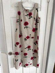 Dress Barn Linen Blend Dress Women 12 Beige Red Rose Floral Sleeveless Midi