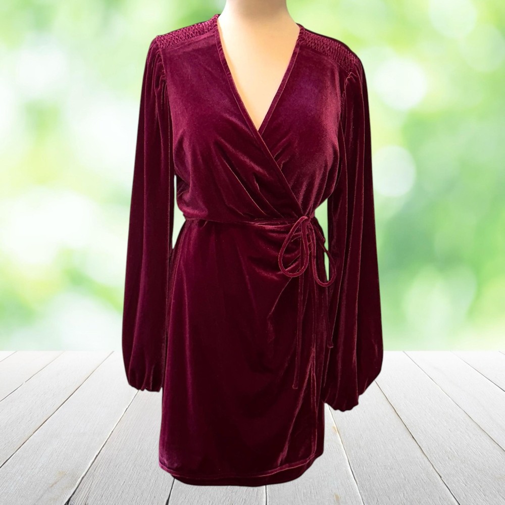 GIANNI BINI Velvet Wrap Dress Mini Balloon Sleeve Romantic Party Wine Size L