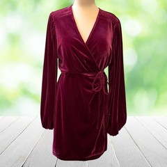 GIANNI BINI Velvet Wrap Dress Mini Balloon Sleeve Romantic Party Wine Size L