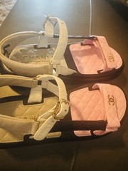 Authentic Chanel CC Sandals White Quilted Leather Hook & Loop Size 39