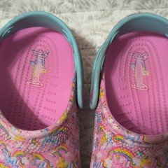 Lisa Frank Rainbow Unicorn Classic Crocs with a vibrant pink and blue scheme