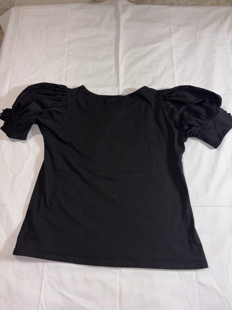 Dorosee Women’s L Black Solid Knit Top Puff Short Sleeves Scoop Neck Buttons