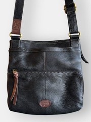 Fossil Black Pebbled Leather Crossbody Bag Purse Brown Trim Brass Hardware