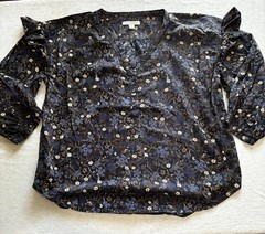 Free Assembly Floral Ruffle Shoulder Blouse Navy Blue Boho Cottagecore M