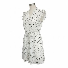 ON-34TH White/Black Polka Dot Shift Dress Sleeveless Ruffle V-Neck Tie M