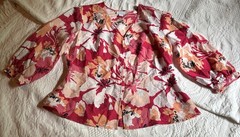 Liz Claiborne Silky Feel-Floral Blouse 3/4 Sleeve Peplum Top Sz L Tropical Vacay