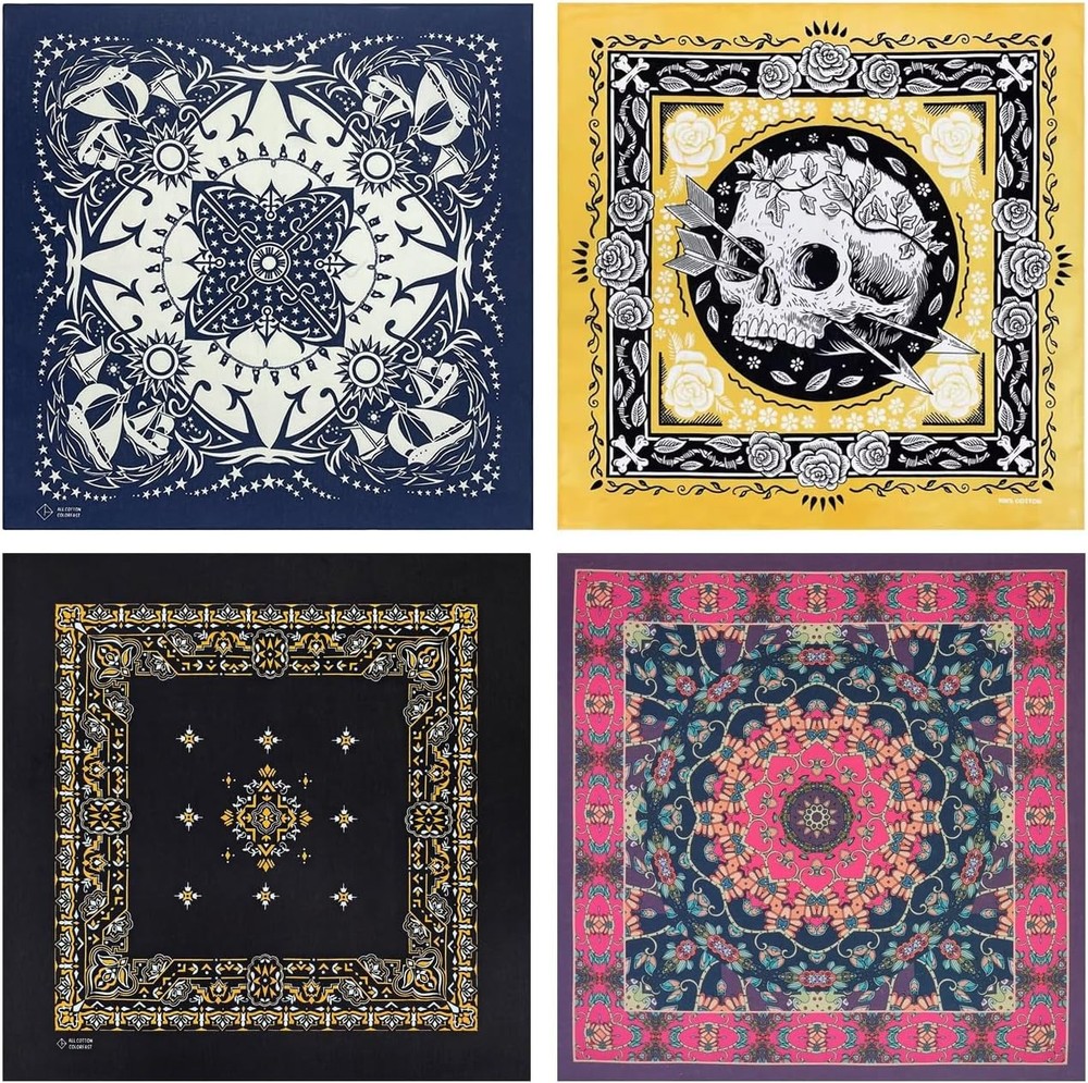 Bycc Bynn 4-Pack 100% Cotton Bandana Set, Vintage Graphic Print, 22×22 inches