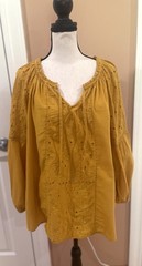 Old Navy Mustard Yellow Eyelet Peasant Tie Neck Balloon Sleeve Blouse – Large