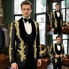 Jacquard Men’s Suits Black Formal Prom Coat 3Pcs Gold Luxury Beading Jacket