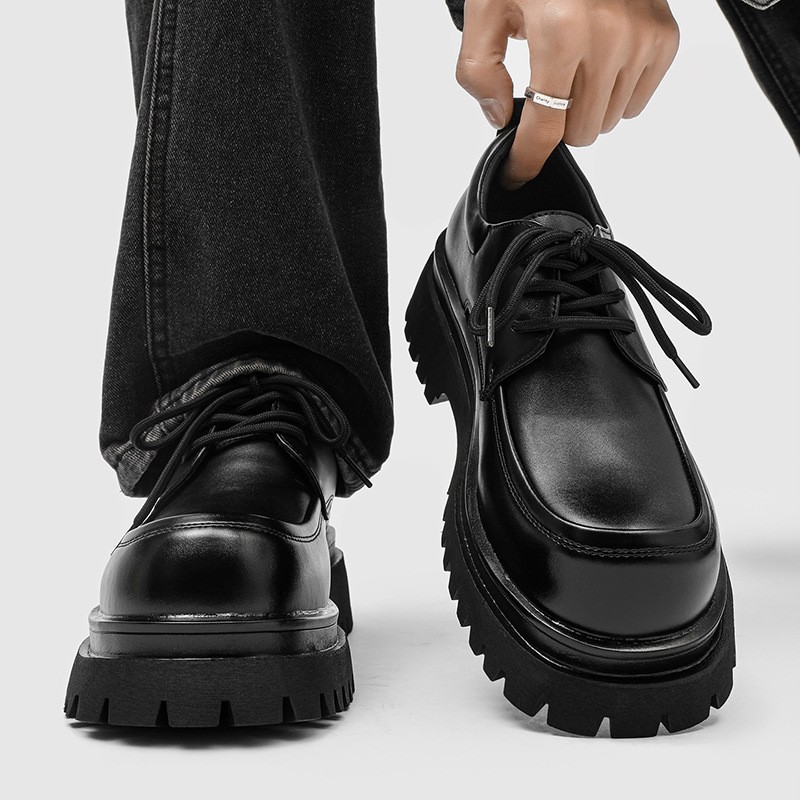 Men’s Big Round Toe Platform Thick Sole Dress Lace Up Casual Derby Leather Shoes