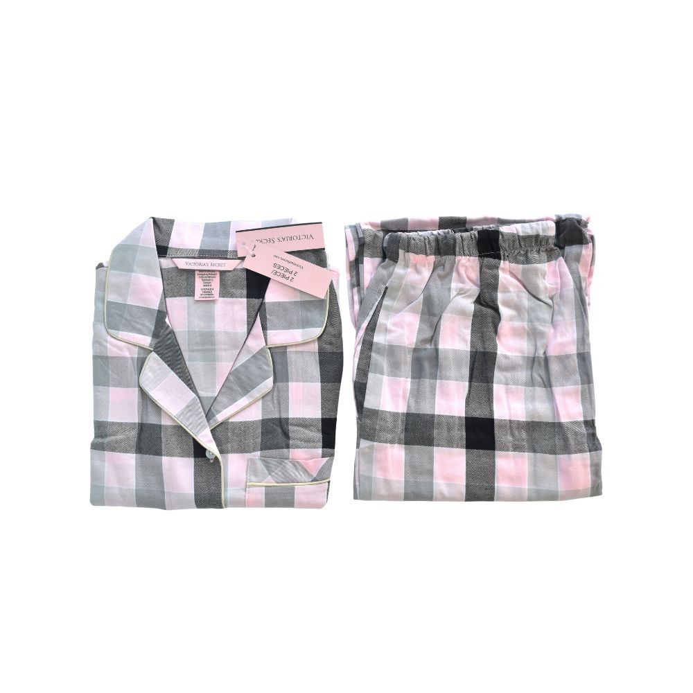 Victoria’s Secret Pajama Set Women L Pink Gray Plaid Button Sleepwear