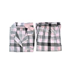 Victoria’s Secret Pajama Set Women L Pink Gray Plaid Button Sleepwear