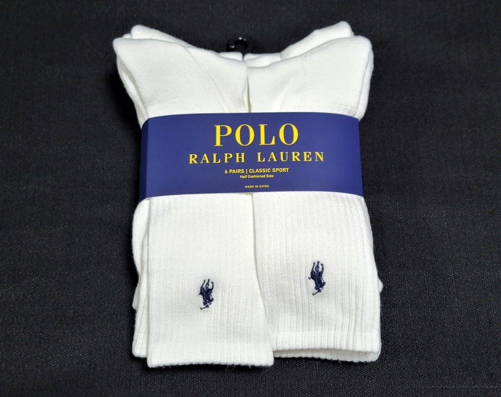 Polo Mens Ralph Lauren 6 Pair Crew Socks Classic Sport Cushioned Sz 6-12.5