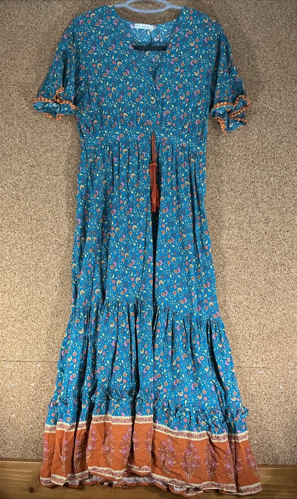 R.Vivimos Floral V Neck Short Sleeve Ruffle Hem Maxi Dress Blue SZ Large 12/14