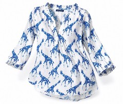 For Cynthia Giraffe Print Linen Blend Tunic Top Womens M/L Blue White Safari