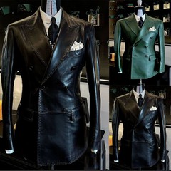 Leather Suits for Men Wide Peak Lapel Jacket Double Breasted Dinner Host Tuxedos
