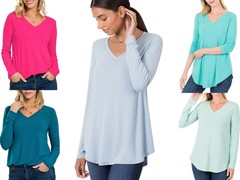 V-Neck / Round Neck Long Sleeve T Shirt Round Hem Soft Rayon Relaxed Fit Top