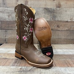 Women’s Western Rodeo Square Toe Cowgirl Boots Pink Flowers Nobuck Flor Rosa 804