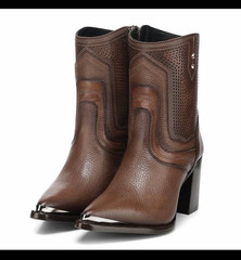Cuadra Women’s Brown Western Leather Mid-Calf Boots Pointed Toe Block Heel