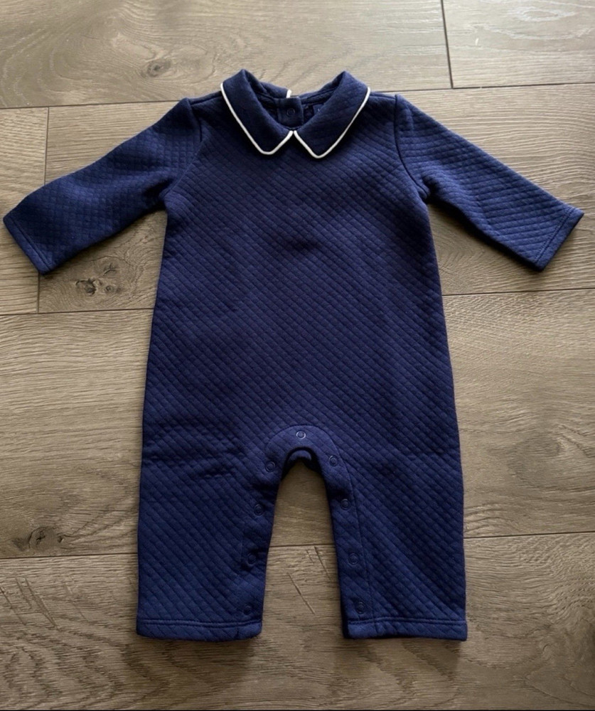 Janie and Jack 0-3M Navy Quilted Collared Long Sleeve Romper One-Piece