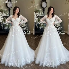Classic Wedding Dresses Long Sleeve A Line Lace Applique Bridal Gown White Ivory