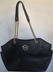 Michael Kors Black Tote Shoulder Bag Gold Hardware Chain Strap Pockets