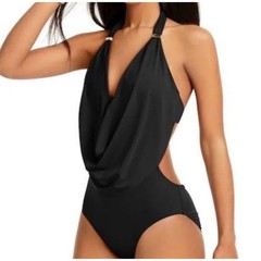 Bar III Womens Black Cowl Neck Halter One Piece Swimsuit Monokini Cutout Ruched