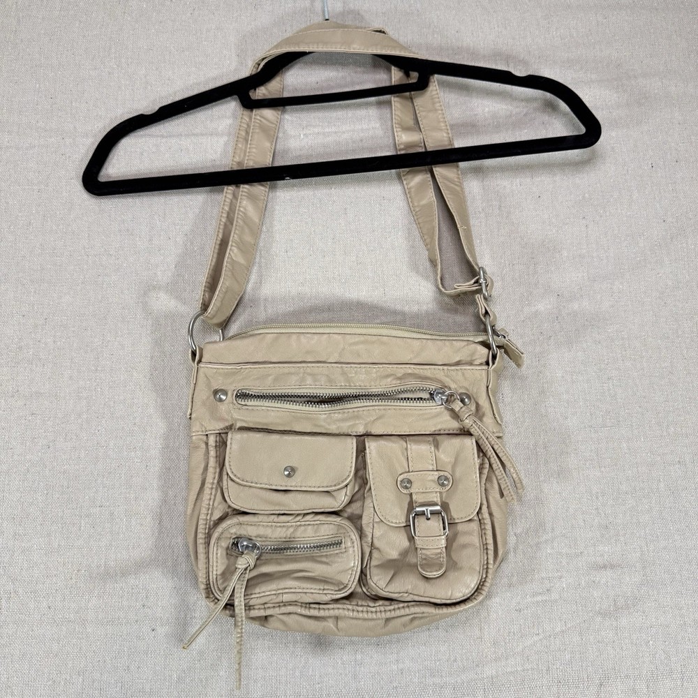 Mudd Beige Crossbody Purse Multi Pocket Faux Leather Adjustable Strap Bag Y2K
