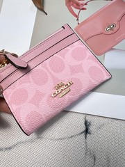 COACH CW870 Mini Skinny Id Case In Signature Canvas Card Pink Wallet With Box