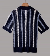 Men’s V-Neck Collared Knit T-Shirt Hollow Out Striped Short Sleeve Tee