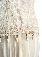 Y2K 90s Lace Midi Dress Sheer Pleated Pearl Beaded Fringe Cottagecore Bridal