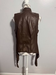 Cotton Express Brown Sleeveless Faux Leather Zip Front Mesh Tie Hem Vest L