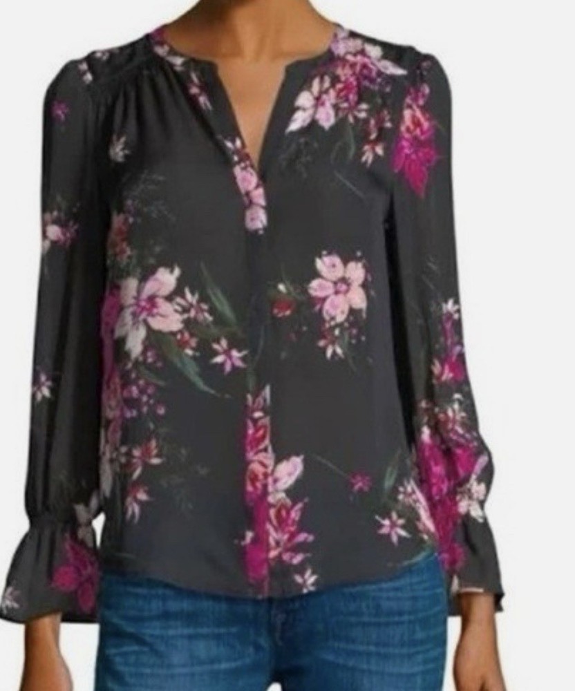 Joie 100% Silk Black Pink Floral Button Up Long Sleeve Blouse XXS