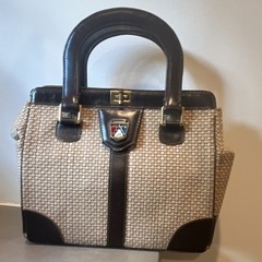 John Romain Woven Beige/Brown Satchel Top Handle Turn Lock Gold, Studs Pockets