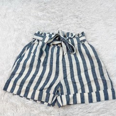 Mango paper bag striped 100% linen shorts roll cuffs elastic waist tie waist
