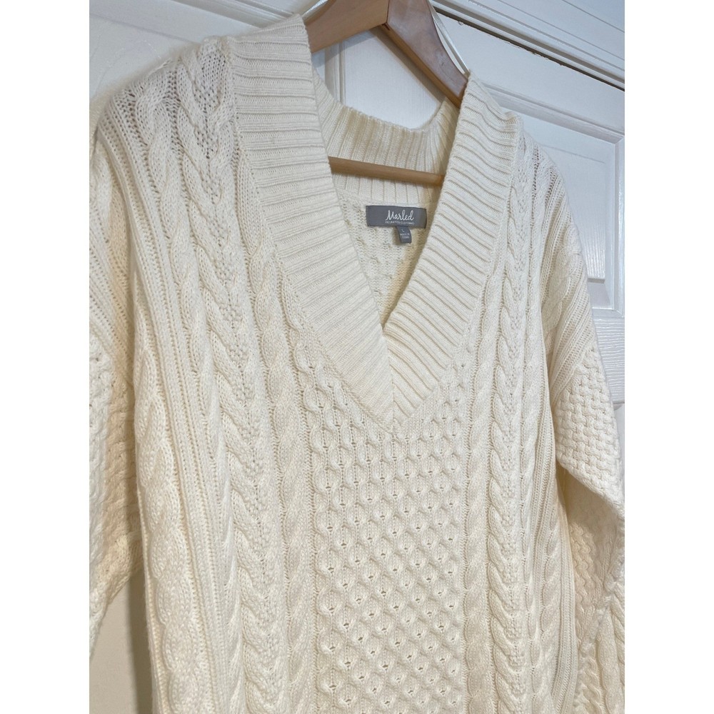 Marled Cotton Women’s L Ivory Cable Knit V Neck Tunic Sweater Long Relaxed Warm