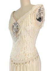 Y2K 90s Lace Midi Dress Sheer Pleated Pearl Beaded Fringe Cottagecore Bridal
