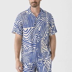 OAS Eldovado Viscose Short Sleeve Blue Print Ivory Button Up Camp Shirt L NEW