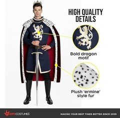 Men`s Royal Medieval King Costume Adult King Arthur Medieval Renaissance Prince