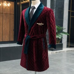 Burgundy Men’s Smoking Jacket Velvet with Belt Long Overcoat Evening Party Robe