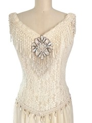 Y2K 90s Lace Midi Dress Sheer Pleated Pearl Beaded Fringe Cottagecore Bridal