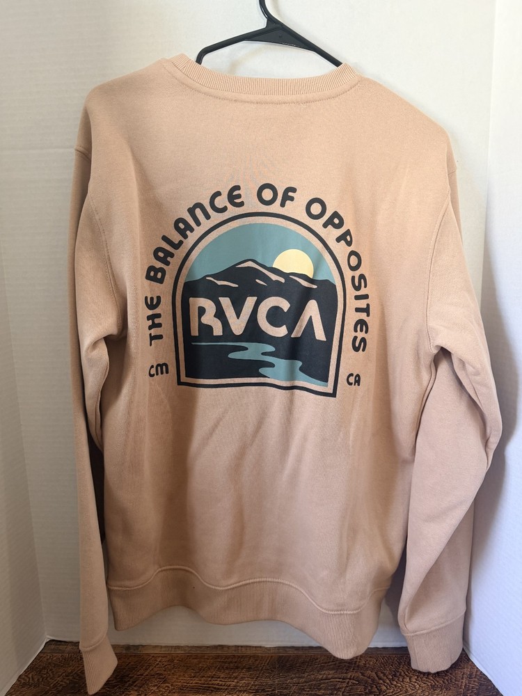 Men’s RVCA Long Sleeve Crew Sweatshirt Street Artist Design Logo Size S Tan