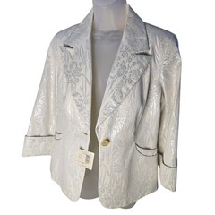 Cole Haan Ivory Silver Print Jacket Sz8 Silver Threaded Floral single button