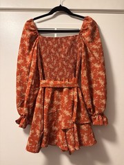 NWT Altar’d State Rust Red Floral Ruffled Smocked Mini Dress Romper M