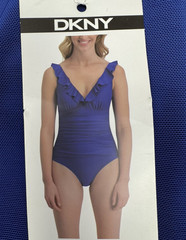 DKNY Womens Medium Swimsuit Bikini One Piece Blue Ruffle Ruched Beach Pool New