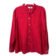 Chicos Button Front Top Size 3 XL Red 100% Silk Textured Print Long Sleeve